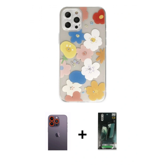 MARSİLYAN™- iPhone 12 Pro Kılıf Eksen Asil Prime - Şeffaf 360 Full Body Arka Koruyucu + Neon Fosforlu Kamera Lens - TU