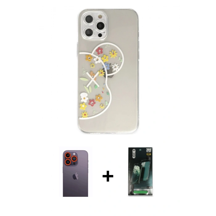 MARSİLYAN™- iPhone 12 Pro Kılıf Eksen Asil Prime - Şeffaf 360 Full Body Arka Koruyucu + Neon Fosforlu Kamera Lens - TU