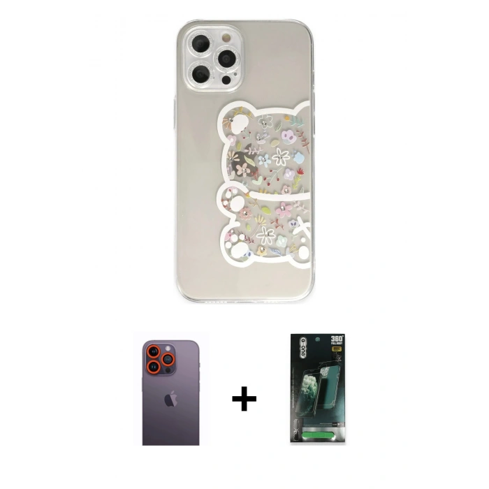 MARSİLYAN™- iPhone 12 Pro Kılıf Eksen Asil Prime - Şeffaf 360 Full Body Arka Koruyucu + Neon Fosforlu Kamera Lens - TU