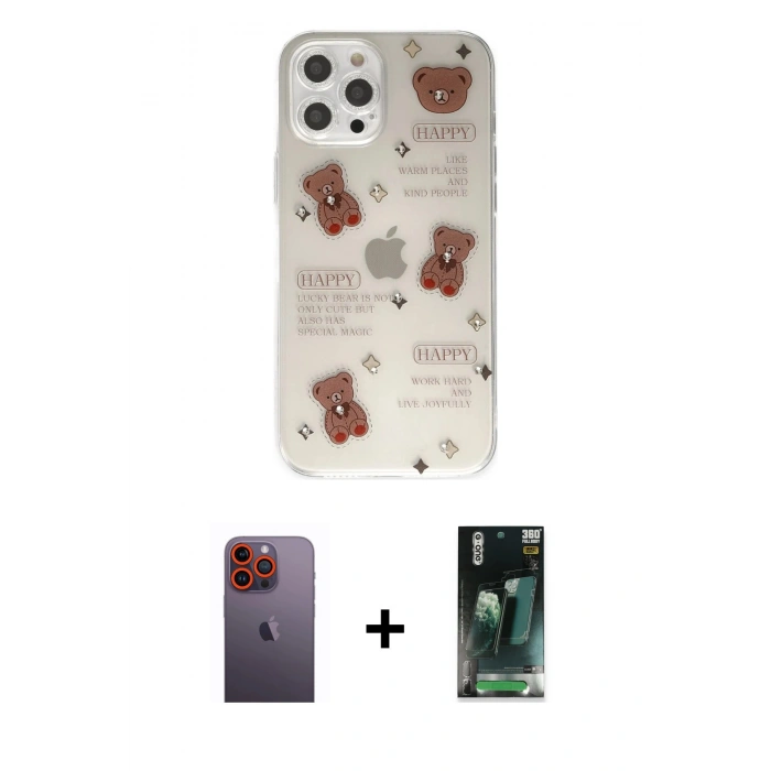 MARSİLYAN™- iPhone 12 Pro Kılıf Eksen Asil Prime - Şeffaf 360 Full Body Arka Koruyucu + Neon Fosforlu Kamera Lens - TU