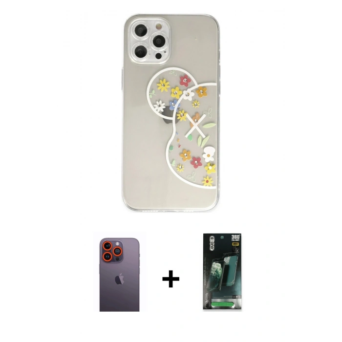 MARSİLYAN™- iPhone 12 Pro Kılıf Eksen Asil Prime - Şeffaf 360 Full Body Arka Koruyucu + Neon Fosforlu Kamera Lens - TU