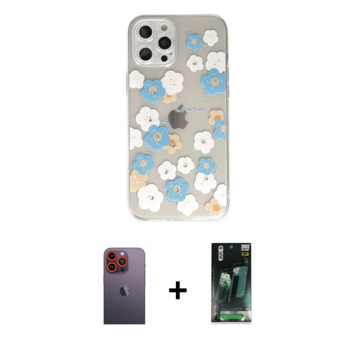MARSİLYAN™- iPhone 12 Pro Kılıf Eksen Asil Prime - Şeffaf 360 Full Body Arka Koruyucu + Neon Fosforlu Kamera Lens - TU