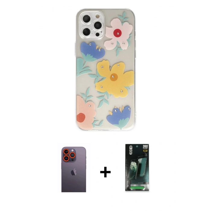MARSİLYAN™- iPhone 12 Pro Kılıf Eksen Asil Prime - Şeffaf 360 Full Body Arka Koruyucu + Neon Fosforlu Kamera Lens - TU