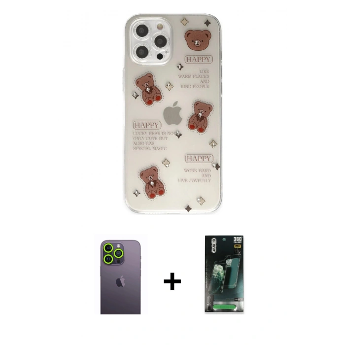 MARSİLYAN™- iPhone 12 Pro Kılıf Eksen Asil Prime - Şeffaf 360 Full Body Arka Koruyucu + Neon Fosforlu Kamera Lens - YL