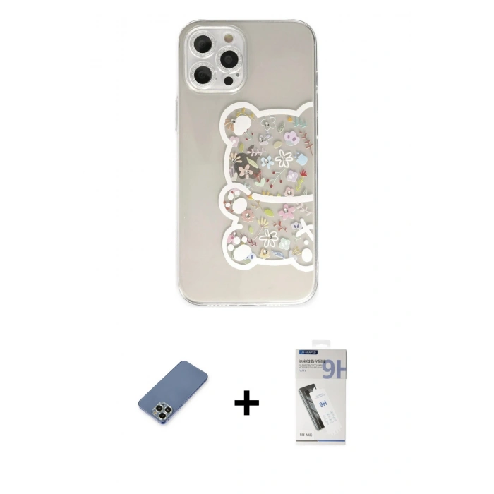 MARSİLYAN™- iPhone 12 Pro Kılıf Eksen Asil Prime - Şeffaf Uv Polymer Nano Ekran Koruyucu + Açık Yeşil Metal Kamera Lens Koruma Cam
