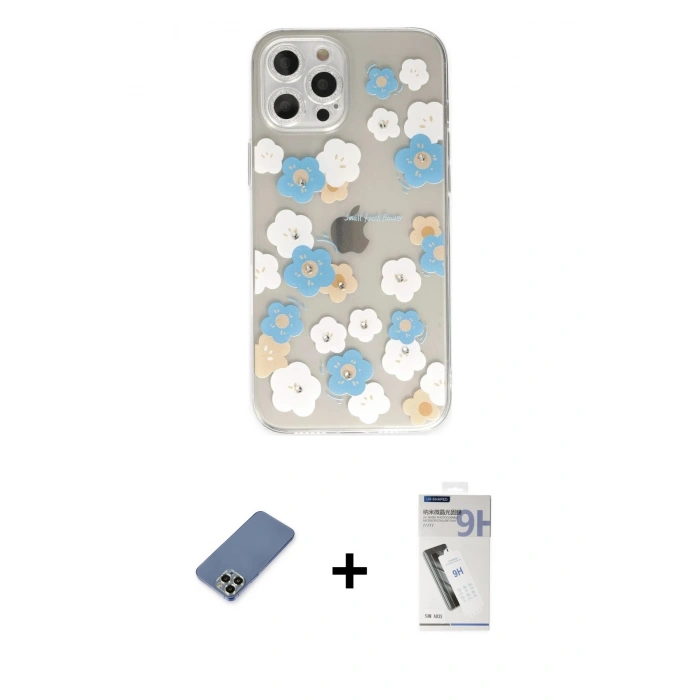 MARSİLYAN™- iPhone 12 Pro Kılıf Eksen Asil Prime - Şeffaf Uv Polymer Nano Ekran Koruyucu + Açık Yeşil Metal Kamera Lens Koruma Cam