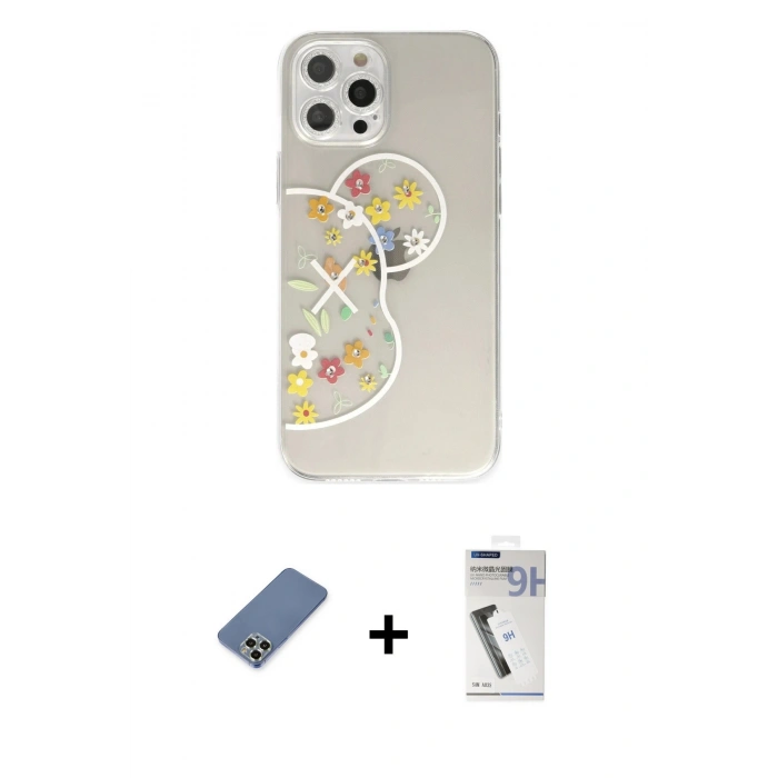 MARSİLYAN™- iPhone 12 Pro Kılıf Eksen Asil Prime - Şeffaf Uv Polymer Nano Ekran Koruyucu + Açık Yeşil Metal Kamera Lens Koruma Cam