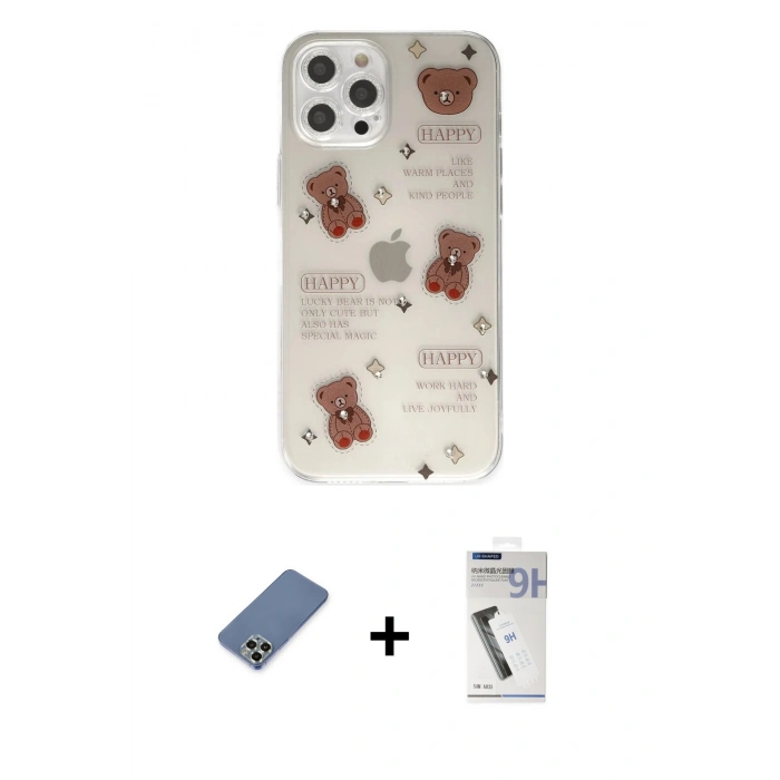 MARSİLYAN™- iPhone 12 Pro Kılıf Eksen Asil Prime - Şeffaf Uv Polymer Nano Ekran Koruyucu + Açık Yeşil Metal Kamera Lens Koruma Cam