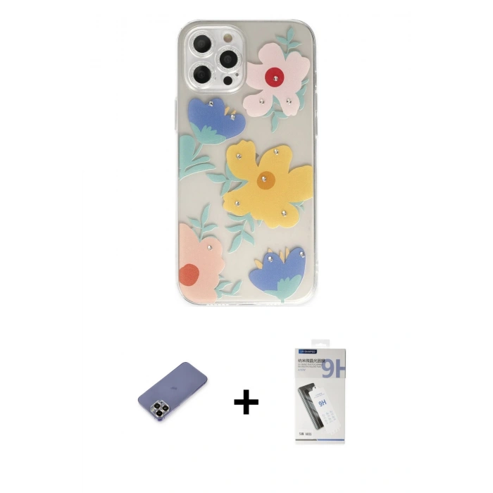 MARSİLYAN™- iPhone 12 Pro Kılıf Eksen Asil Prime - Şeffaf Uv Polymer Nano Ekran Koruyucu + Metal Kamera Lens Koruma Cam - GD
