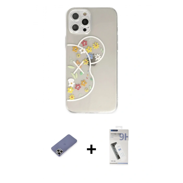 MARSİLYAN™- iPhone 12 Pro Kılıf Eksen Asil Prime - Şeffaf Uv Polymer Nano Ekran Koruyucu + Metal Kamera Lens Koruma Cam - GD