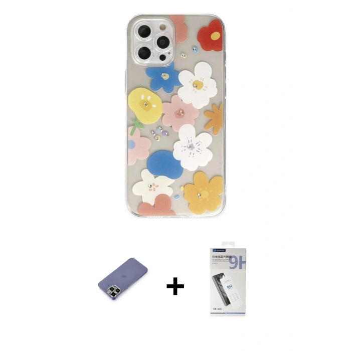 MARSİLYAN™- iPhone 12 Pro Kılıf Eksen Asil Prime - Şeffaf Uv Polymer Nano Ekran Koruyucu + Metal Kamera Lens Koruma Cam - GD
