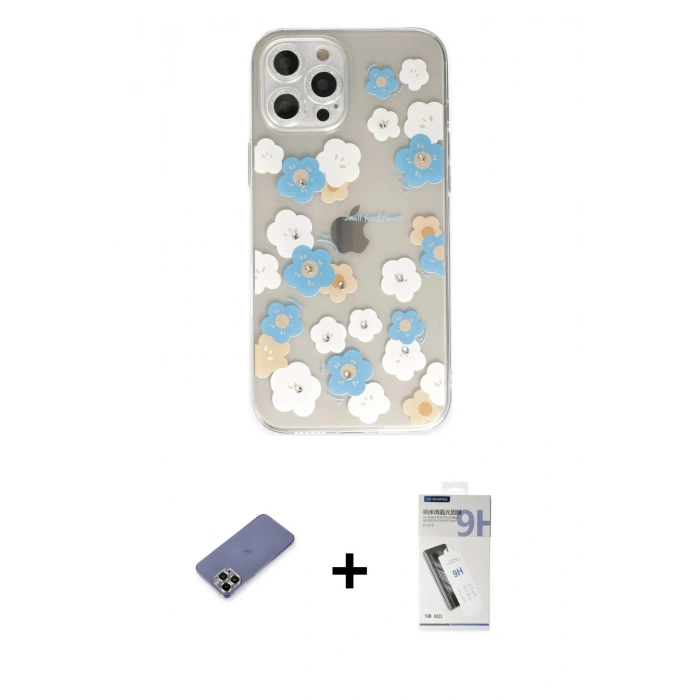 MARSİLYAN™- iPhone 12 Pro Kılıf Eksen Asil Prime - Şeffaf Uv Polymer Nano Ekran Koruyucu + Metal Kamera Lens Koruma Cam - GD