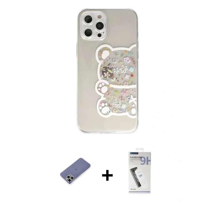 MARSİLYAN™- iPhone 12 Pro Kılıf Eksen Asil Prime - Şeffaf Uv Polymer Nano Ekran Koruyucu + Metal Kamera Lens Koruma Cam - GD