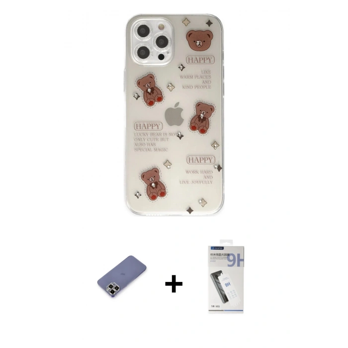MARSİLYAN™- iPhone 12 Pro Kılıf Eksen Asil Prime - Şeffaf Uv Polymer Nano Ekran Koruyucu + Metal Kamera Lens Koruma Cam - GD