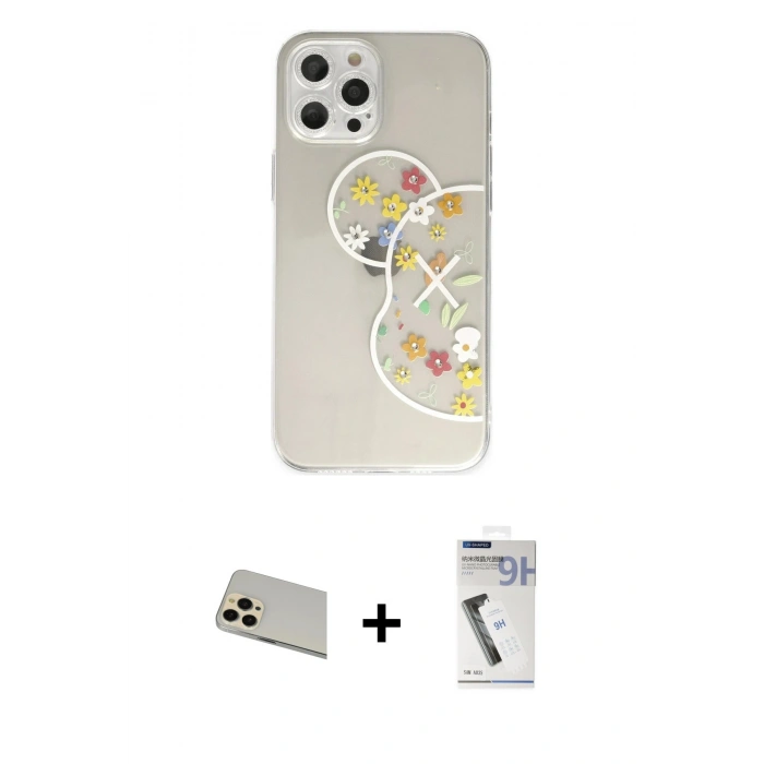 MARSİLYAN™- iPhone 12 Pro Kılıf Eksen Asil Prime - Şeffaf Uv Polymer Nano Ekran Koruyucu + Rainbow Kamera Lens Koruma Cam - GD