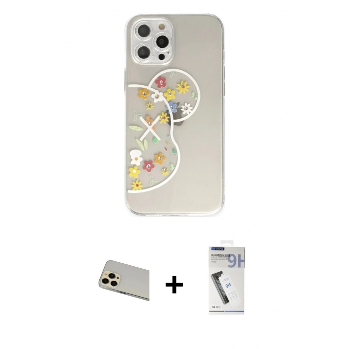 MARSİLYAN™- iPhone 12 Pro Kılıf Eksen Asil Prime - Şeffaf Uv Polymer Nano Ekran Koruyucu + Rainbow Kamera Lens Koruma Cam - GD