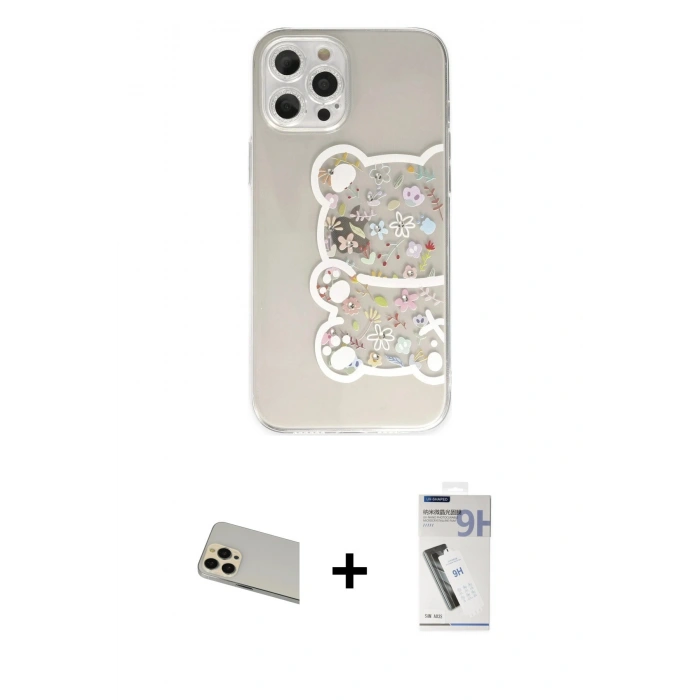 MARSİLYAN™- iPhone 12 Pro Kılıf Eksen Asil Prime - Şeffaf Uv Polymer Nano Ekran Koruyucu + Rainbow Kamera Lens Koruma Cam - GD
