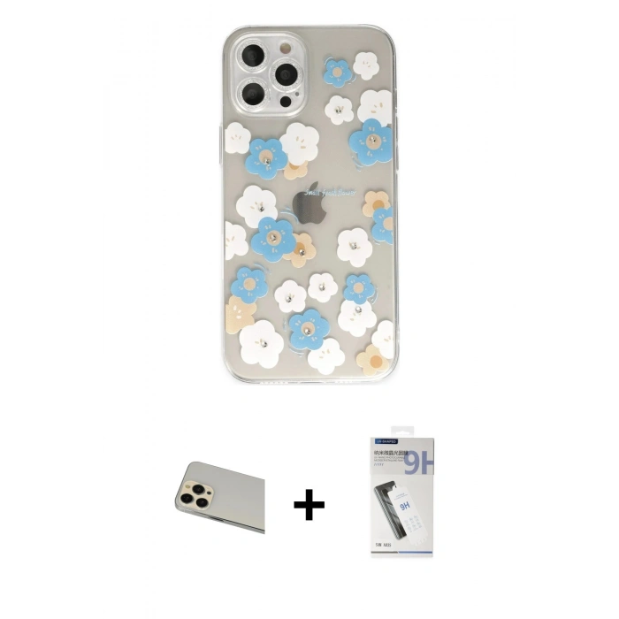 MARSİLYAN™- iPhone 12 Pro Kılıf Eksen Asil Prime - Şeffaf Uv Polymer Nano Ekran Koruyucu + Rainbow Kamera Lens Koruma Cam - GD