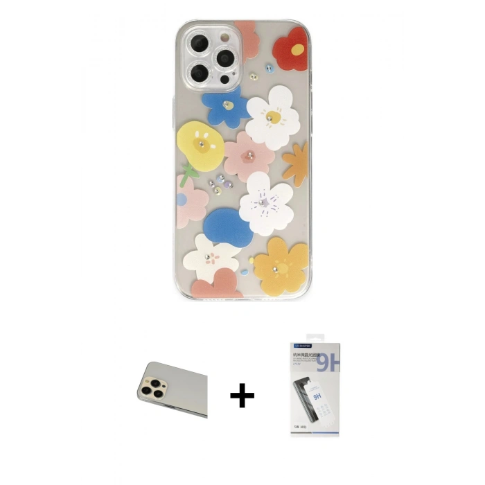 MARSİLYAN™- iPhone 12 Pro Kılıf Eksen Asil Prime - Şeffaf Uv Polymer Nano Ekran Koruyucu + Rainbow Kamera Lens Koruma Cam - GD