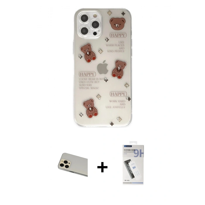 MARSİLYAN™- iPhone 12 Pro Kılıf Eksen Asil Prime - Şeffaf Uv Polymer Nano Ekran Koruyucu + Rainbow Kamera Lens Koruma Cam - GD