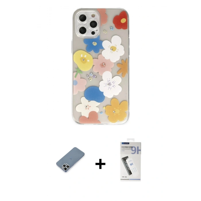 MARSİLYAN™- iPhone 12 Pro Kılıf Eksen Asil Prime - Şeffaf Uv Polymer Nano Ekran Koruyucu + Metal Kamera Lens Koruma Cam - GS