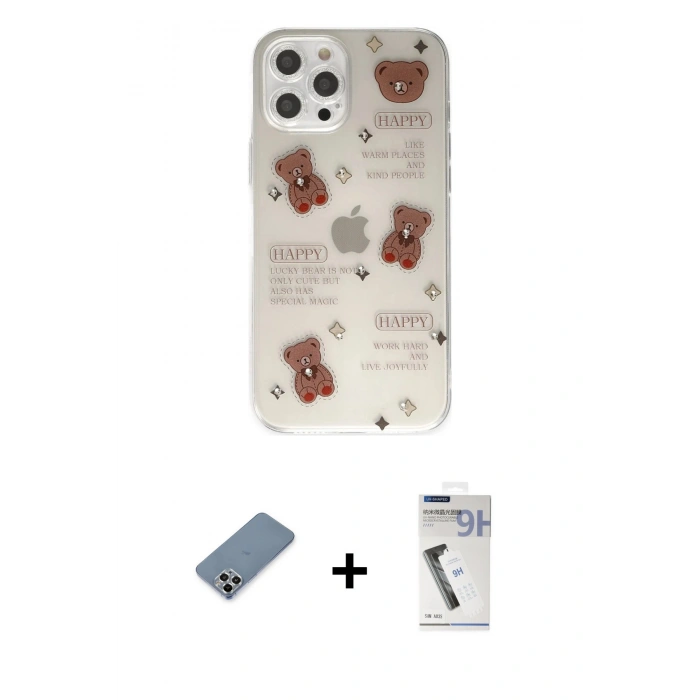 MARSİLYAN™- iPhone 12 Pro Kılıf Eksen Asil Prime - Şeffaf Uv Polymer Nano Ekran Koruyucu + Metal Kamera Lens Koruma Cam - GS