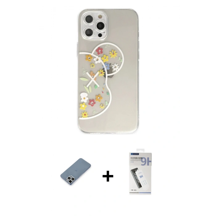 MARSİLYAN™- iPhone 12 Pro Kılıf Eksen Asil Prime - Şeffaf Uv Polymer Nano Ekran Koruyucu + Metal Kamera Lens Koruma Cam - GS