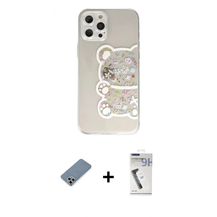 MARSİLYAN™- iPhone 12 Pro Kılıf Eksen Asil Prime - Şeffaf Uv Polymer Nano Ekran Koruyucu + Metal Kamera Lens Koruma Cam - GS