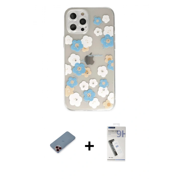 MARSİLYAN™- iPhone 12 Pro Kılıf Eksen Asil Prime - Şeffaf Uv Polymer Nano Ekran Koruyucu + Metal Kamera Lens Koruma Cam - KI