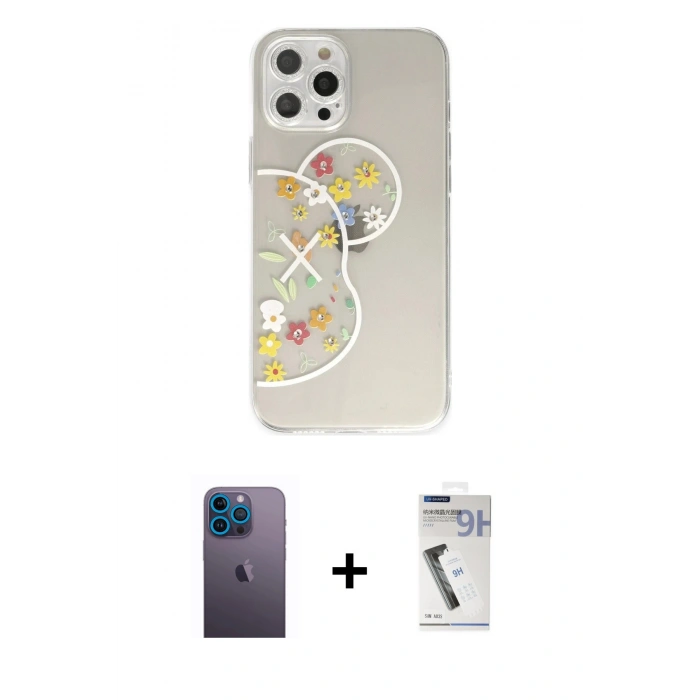 MARSİLYAN™- iPhone 12 Pro Kılıf Eksen Asil Prime - Şeffaf Uv Polymer Nano Ekran Koruyucu + Neon Fosforlu Kamera Lens - MI