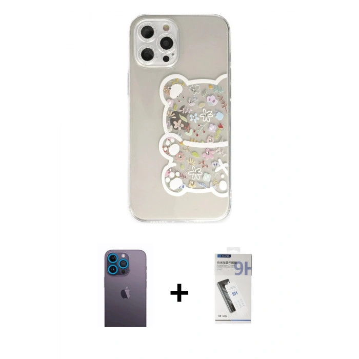 MARSİLYAN™- iPhone 12 Pro Kılıf Eksen Asil Prime - Şeffaf Uv Polymer Nano Ekran Koruyucu + Neon Fosforlu Kamera Lens - MI