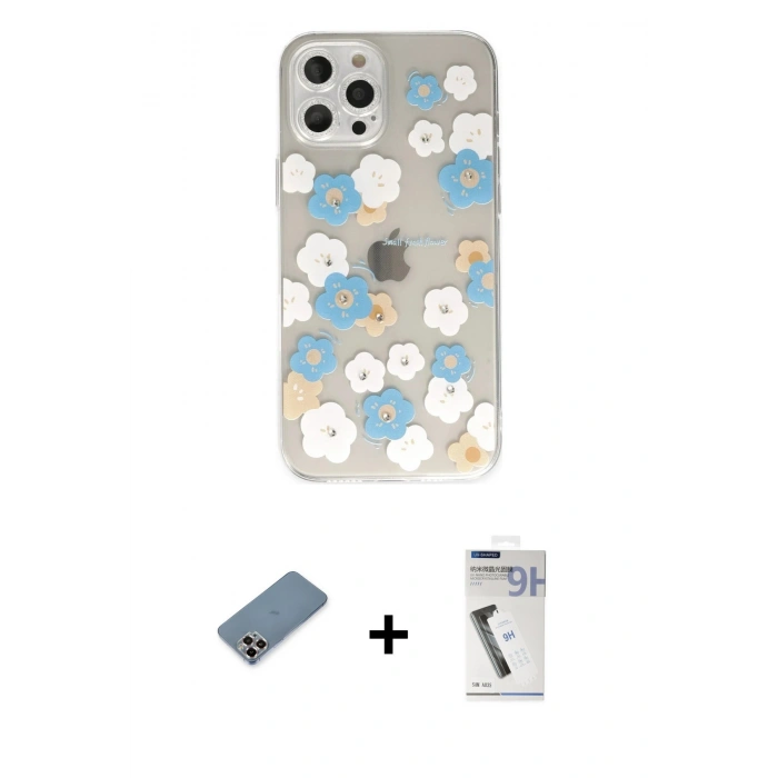 MARSİLYAN™- iPhone 12 Pro Kılıf Eksen Asil Prime - Şeffaf Uv Polymer Nano Ekran Koruyucu + Metal Kamera Lens Koruma Cam - MR