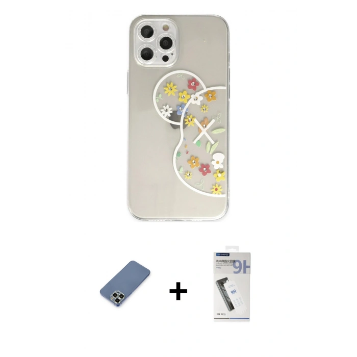 MARSİLYAN™- iPhone 12 Pro Kılıf Eksen Asil Prime - Şeffaf Uv Polymer Nano Ekran Koruyucu + Metal Kamera Lens Koruma Cam - AKYL