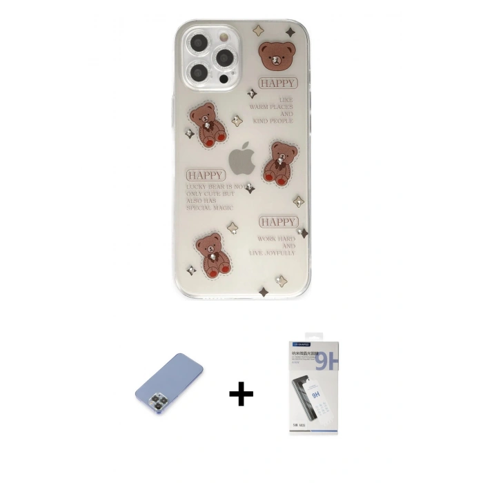 MARSİLYAN™- iPhone 12 Pro Kılıf Eksen Asil Prime - Şeffaf Uv Polymer Nano Ekran Koruyucu + Metal Kamera Lens Koruma Cam - KUYL