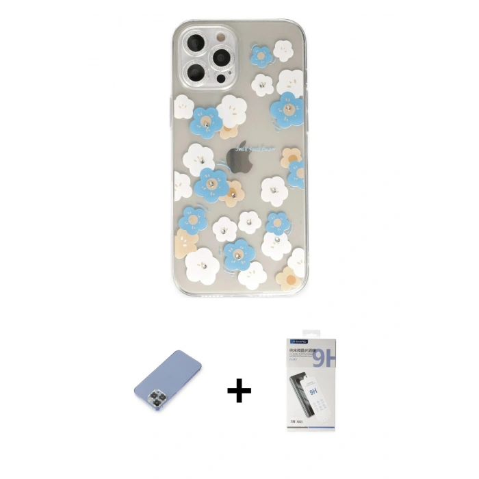 MARSİLYAN™- iPhone 12 Pro Kılıf Eksen Asil Prime - Şeffaf Uv Polymer Nano Ekran Koruyucu + Metal Kamera Lens Koruma Cam - KUYL