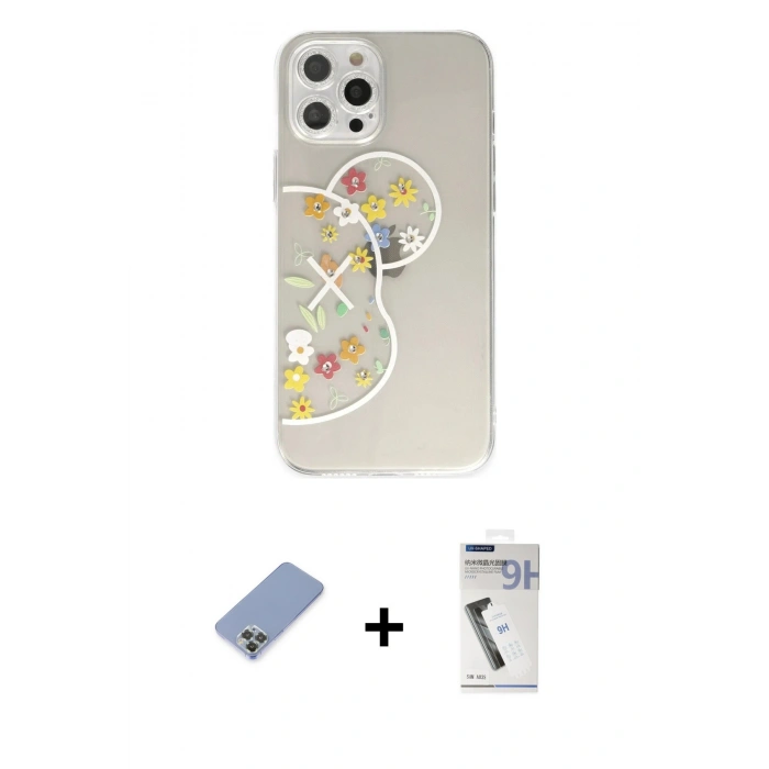 MARSİLYAN™- iPhone 12 Pro Kılıf Eksen Asil Prime - Şeffaf Uv Polymer Nano Ekran Koruyucu + Metal Kamera Lens Koruma Cam - KUYL