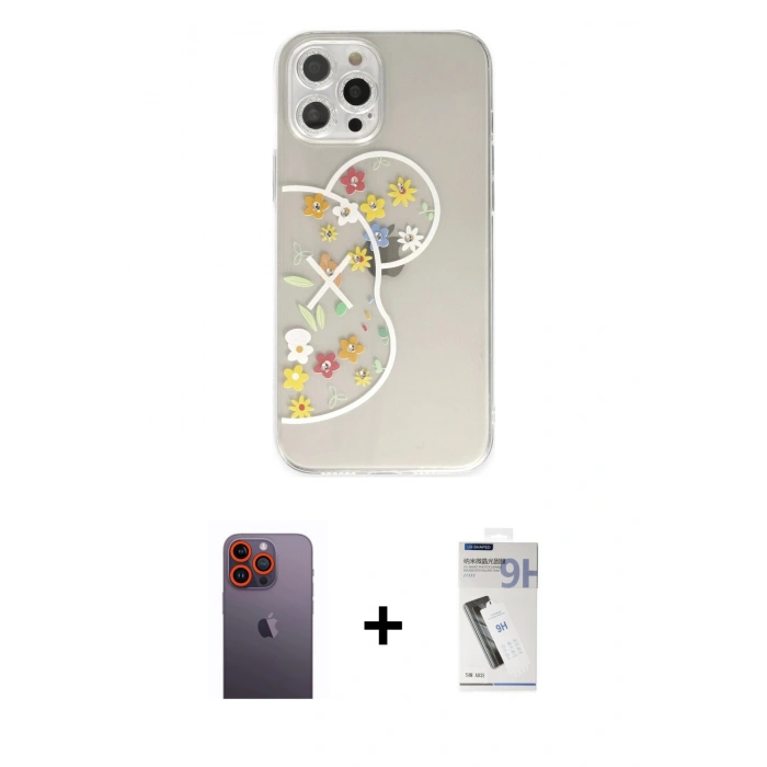 MARSİLYAN™- iPhone 12 Pro Kılıf Eksen Asil Prime - Şeffaf Uv Polymer Nano Ekran Koruyucu + Neon Fosforlu Kamera Lens - TU