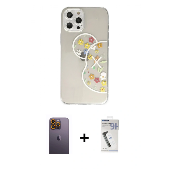 MARSİLYAN™- iPhone 12 Pro Kılıf Eksen Asil Prime - Şeffaf Uv Polymer Nano Ekran Koruyucu + Neon Fosforlu Kamera Lens - SI