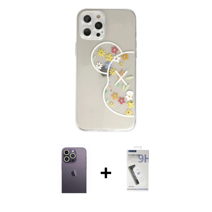 MARSİLYAN™- iPhone 12 Pro Kılıf Eksen Asil Prime - Şeffaf Uv Polymer Nano Ekran Koruyucu + Neon Fosforlu Kamera Lens - BZ