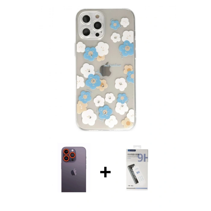 MARSİLYAN™- iPhone 12 Pro Kılıf Eksen Asil Prime - Şeffaf Uv Polymer Nano Ekran Koruyucu + Neon Fosforlu Kamera Lens - TU