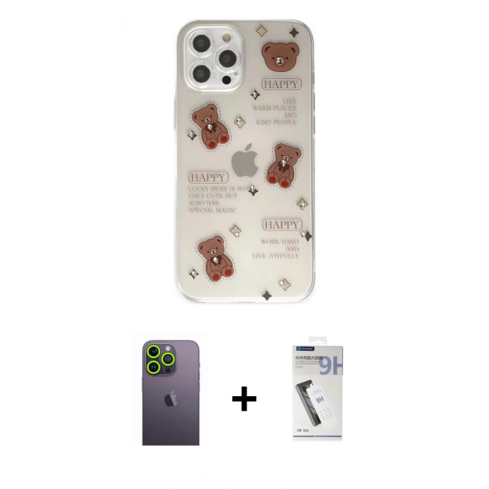 MARSİLYAN™- iPhone 12 Pro Kılıf Eksen Asil Prime - Şeffaf Uv Polymer Nano Ekran Koruyucu + Neon Fosforlu Kamera Lens - YL