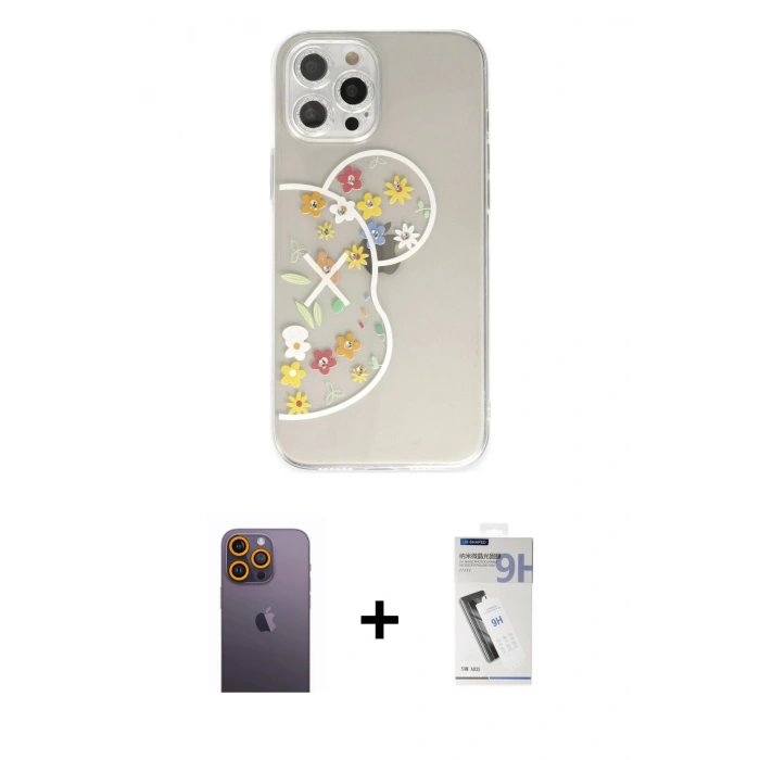 MARSİLYAN™- iPhone 12 Pro Kılıf Eksen Asil Prime - Şeffaf Uv Polymer Nano Ekran Koruyucu + Neon Fosforlu Kamera Lens - SI
