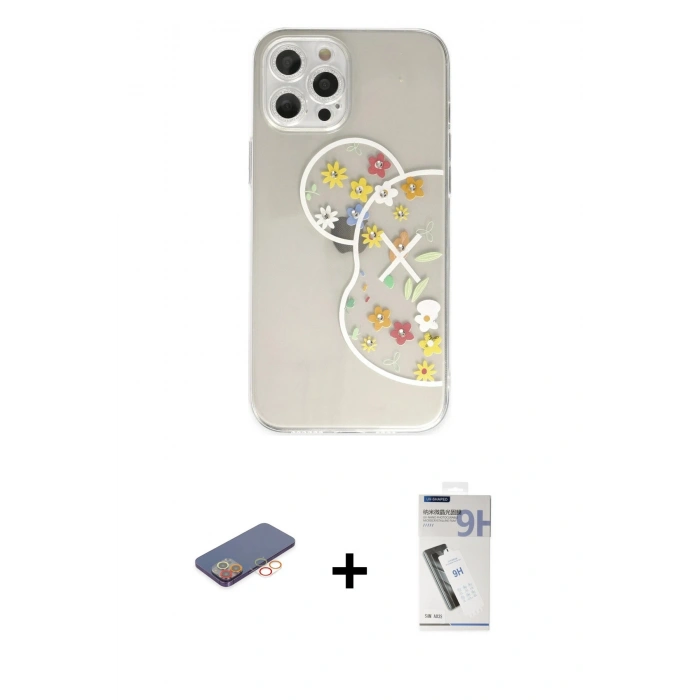 MARSİLYAN™- iPhone 12 Pro Kılıf Eksen Asil Prime - Şeffaf Uv Polymer Nano Ekran Koruyucu + Renkli Kamera Lens Koruma Cam - TU