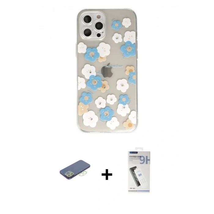 MARSİLYAN™- iPhone 12 Pro Kılıf Eksen Asil Prime - Şeffaf Uv Polymer Nano Ekran Koruyucu + Renkli Kamera Lens Koruma Cam - YL