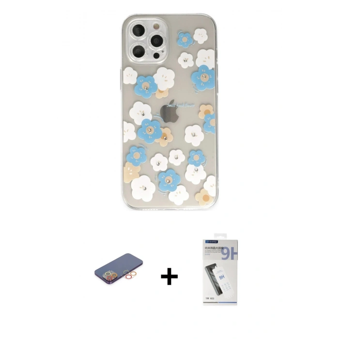 MARSİLYAN™- iPhone 12 Pro Kılıf Eksen Asil Prime - Şeffaf Uv Polymer Nano Ekran Koruyucu + Renkli Kamera Lens Koruma Cam - TU