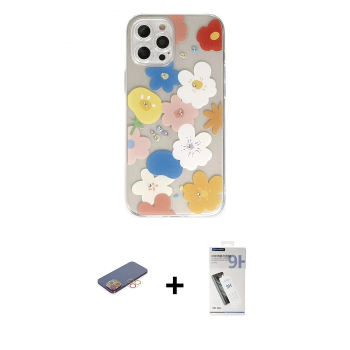 MARSİLYAN™- iPhone 12 Pro Kılıf Eksen Asil Prime - Şeffaf Uv Polymer Nano Ekran Koruyucu + Renkli Kamera Lens Koruma Cam - TU