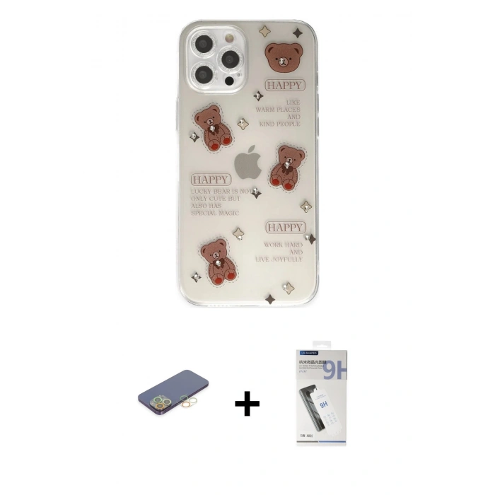 MARSİLYAN™- iPhone 12 Pro Kılıf Eksen Asil Prime - Şeffaf Uv Polymer Nano Ekran Koruyucu + Renkli Kamera Lens Koruma Cam - SI