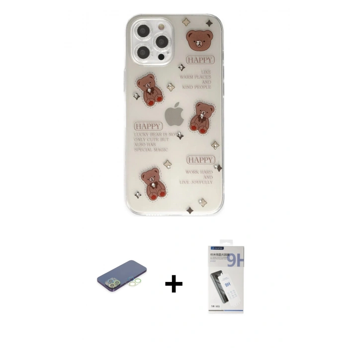 MARSİLYAN™- iPhone 12 Pro Kılıf Eksen Asil Prime - Şeffaf Uv Polymer Nano Ekran Koruyucu + Renkli Kamera Lens Koruma Cam - YL
