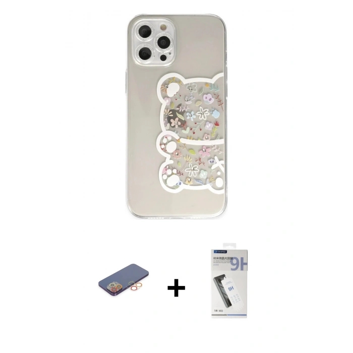 MARSİLYAN™- iPhone 12 Pro Kılıf Eksen Asil Prime - Şeffaf Uv Polymer Nano Ekran Koruyucu + Renkli Kamera Lens Koruma Cam - TU