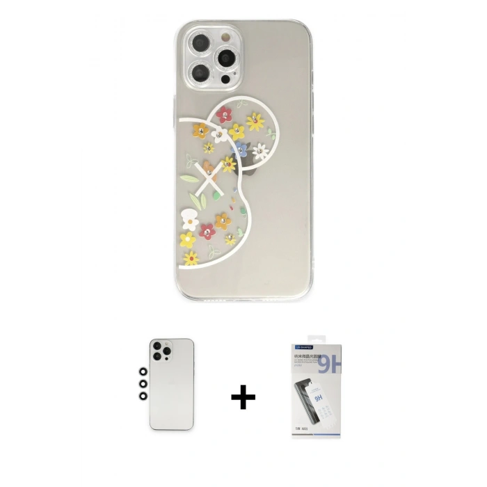 MARSİLYAN™- iPhone 12 Pro Kılıf Eksen Asil Prime - Şeffaf Uv Polymer Nano Ekran Koruyucu + Shine Kamera Lens - GS